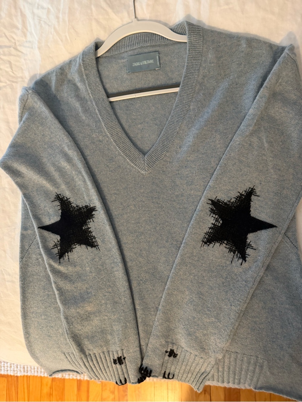 Zadig & Voltaire Light Blue Star Elbow V-Neck Sweater